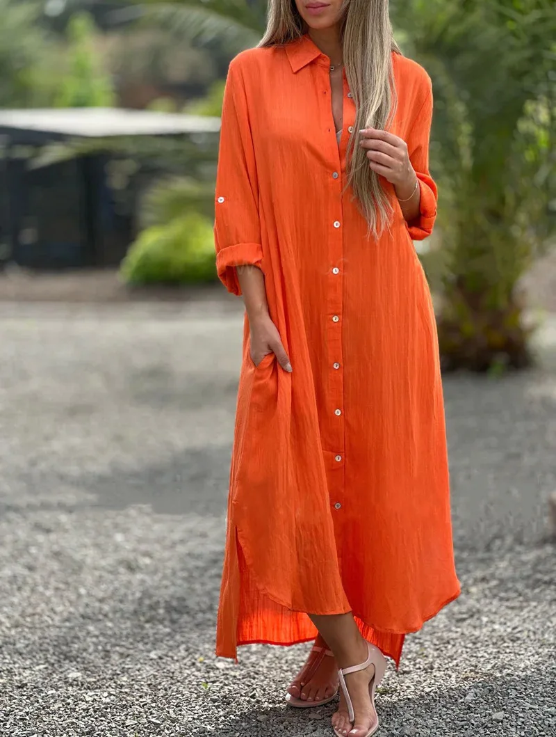 

Plus Size Summer Women's Solid Color Split Dress Elegant Casual Button Pocket V-Neck Long Sleeve Lined Long Lined Dress Robe