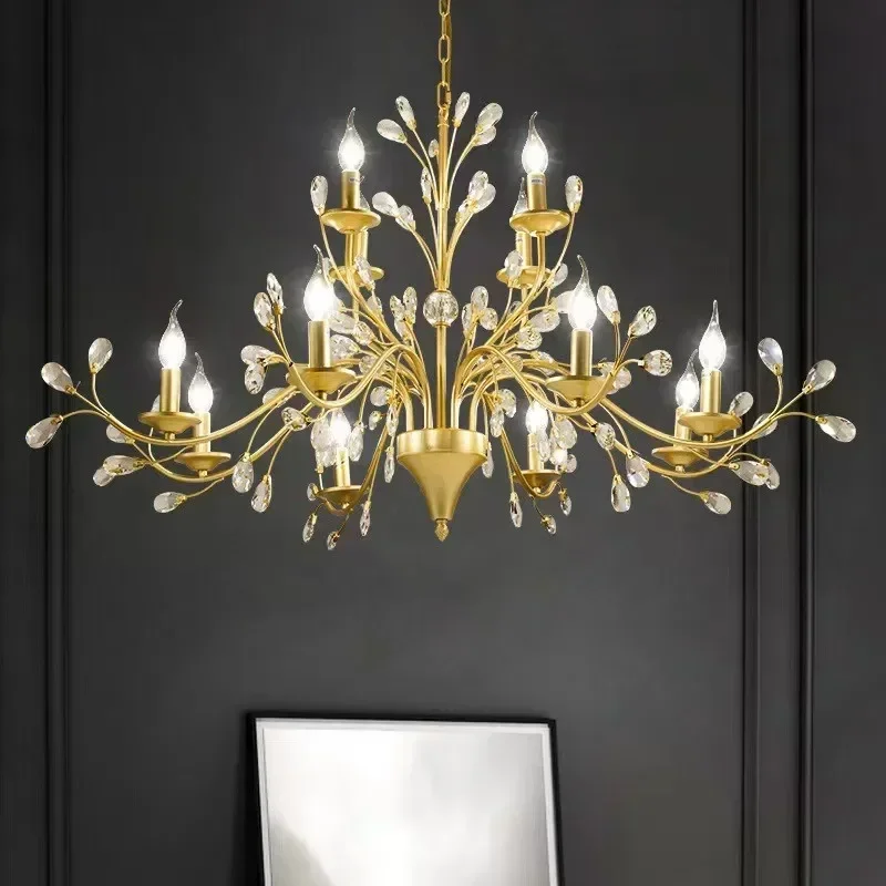 

Retro Double Crystal Pendant Light Gold Black Glossy Chandelier for Living Room Duplex Dining Country Style Decor