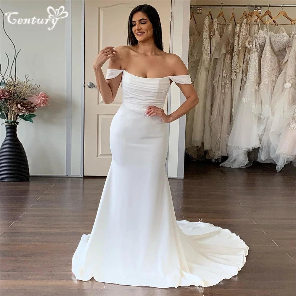 Simple Wedding Dress Mermaid Cut Off Shoulder Backless Pleats Crepe Casual Bridal Gowns Civil Bride Dresses Customized