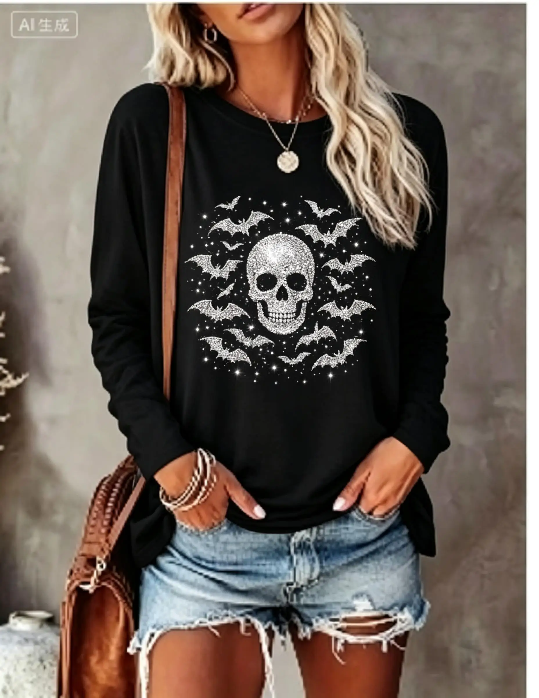 Women Long Sleeve T‑Shirt Simulated Rhinestone Skull Red Rose Gothic Print Crew Neck Fall Tops view 5