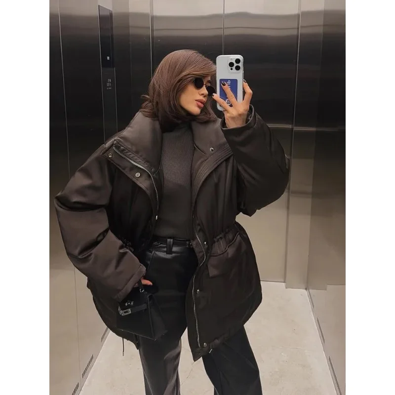 

Chic Black Lace-up Cotton Jacket Women Casual Stand Collar Full Sleeve Pocket Loose Jackets Lady Winter Commute Street Outerwear