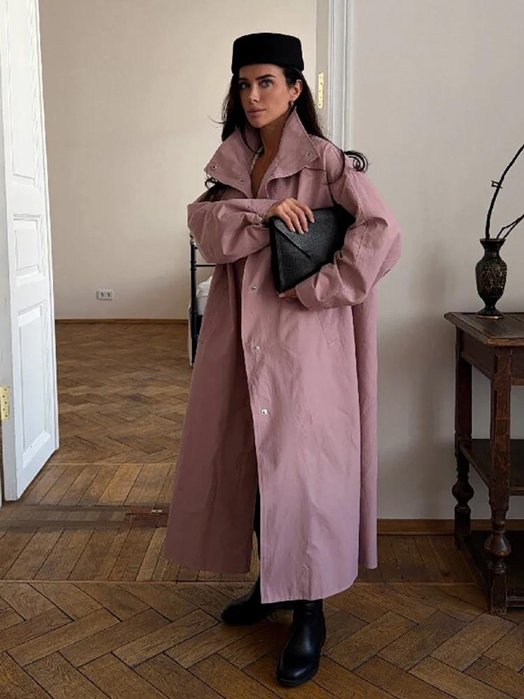 Damen Trenchcoat in Dusty Rose mit Stehkragen, Übergroße Maxi-Jacke mit Druckknopfleiste, Fallende Schultern, Leichter Loser Windbreaker – Detail 16