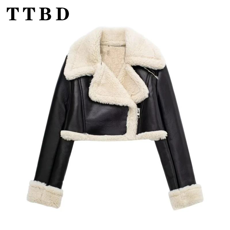 

TTBD 2024 New Autumn Winter Women's Cropped Leather Jacket Bomber Chic Black Coat Casual Thicken Short Outerwear