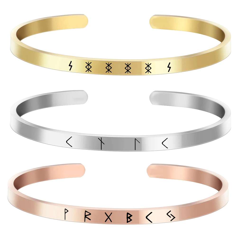 Laser Engraved Rune Bracelet Good Luck Wealth Money Charm Love Bangle Rune Cuff Stainless Steel Jewelry Women Family Lover Gifts