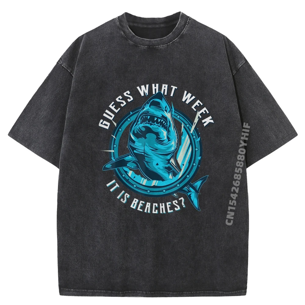 

Shark Joke Guess What Week Classic Graphic T-shirts Men Tops & Tees Mens Printed Tee Shirts Retro Washed Clothes