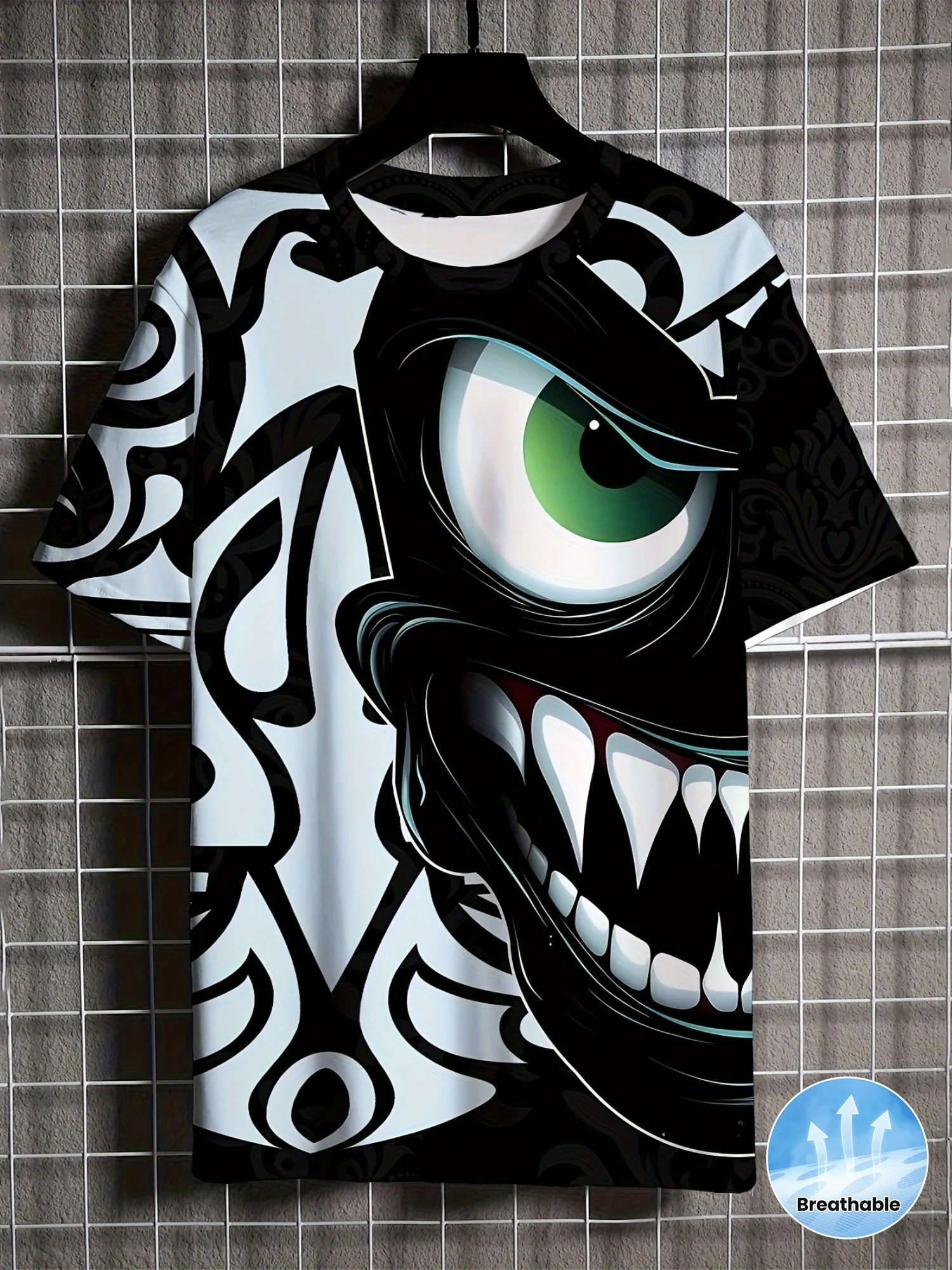 Men's Cartoon Monster Face T-Shirt Black White Graffiti Big Eye Fangs Print Crew Neck Short Sleeve Streetwear Top