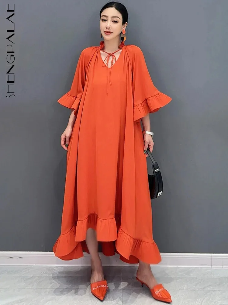 

SHENGPALAE Summer 2024 New Women's Dress V-neck Flare Sleeves Loose Ruffle Edge Large Swing Fashion Female Long Dresses 5C1270