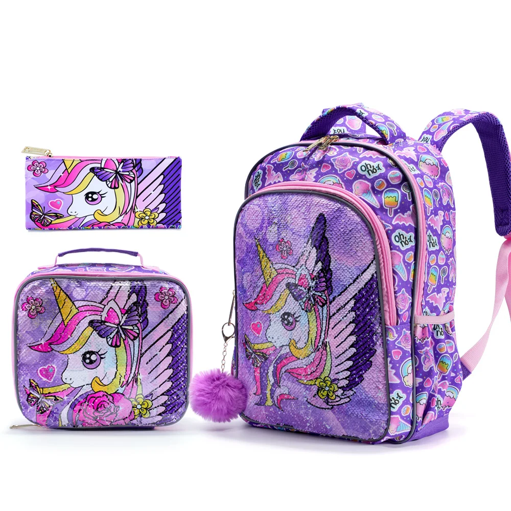 3PCS set Backpack For Girls Kids School BookBag With Lunch And Pen Bag Purple Unicorn Cute sequin Glow-in-the-dark Function