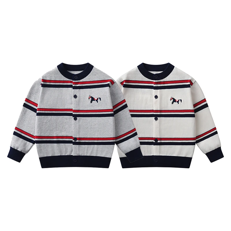 Kids Preppy Knit Cardigan, Toddler Boy Horse Embroidery Striped Sweater Coat, Long Sleeve Button‑Up Lightweight Outerwear