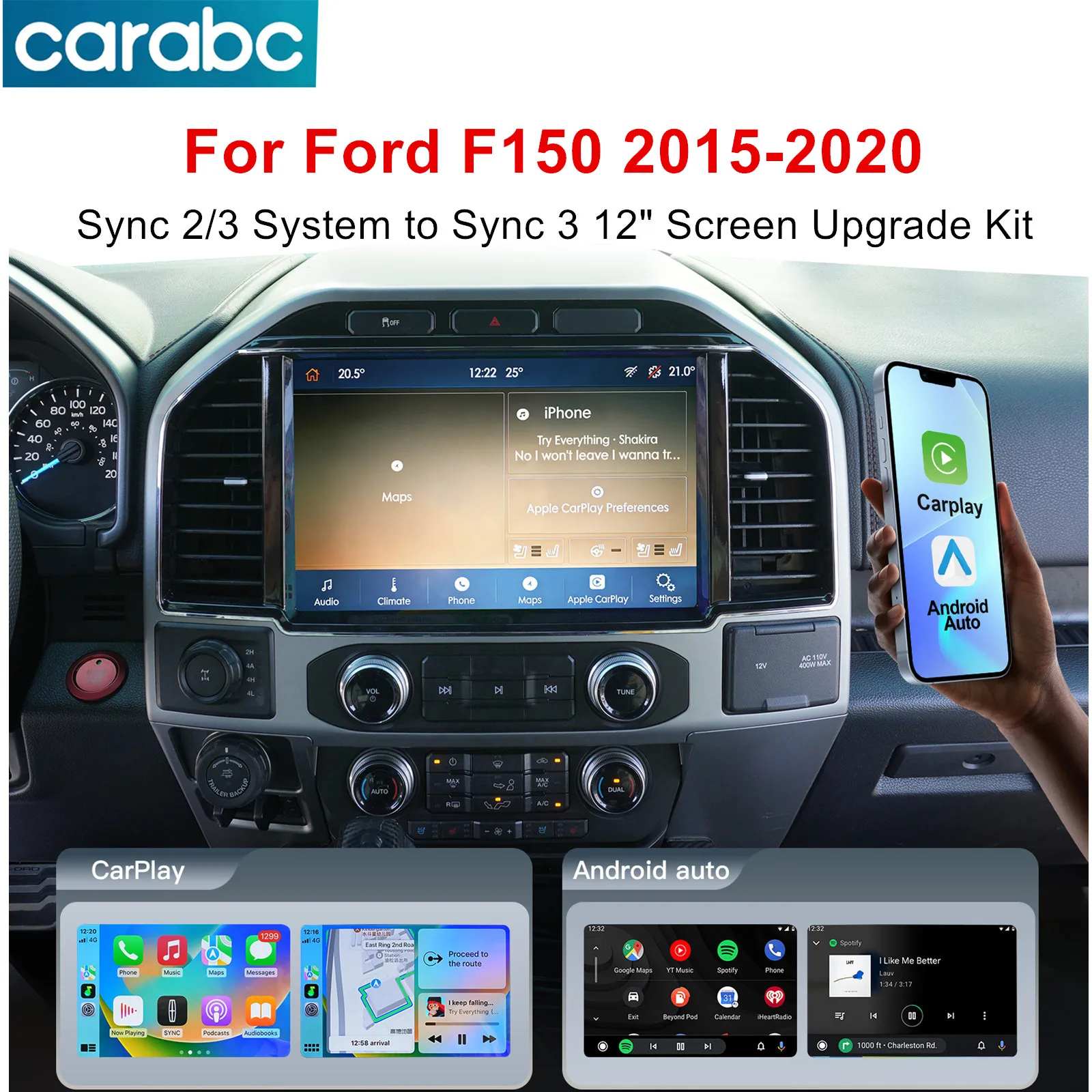 

CARABC 12-дюймовый беспроводной мультимедийный видеоплеер с поддержкой CarPlay и Android Auto для Ford F150 2015–2020, совместимый с системами Sync2 и Sync3.