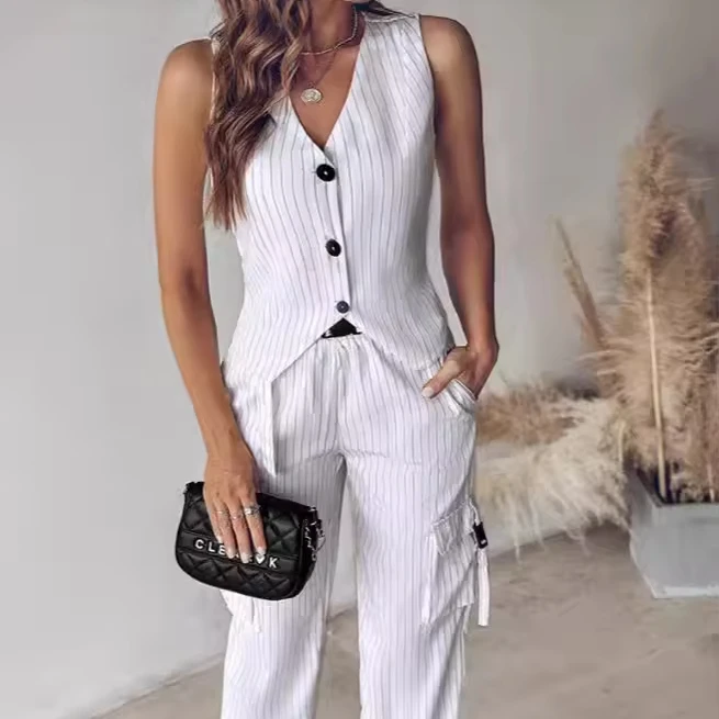

Women Commuting Fashion casual striped printed Vest 2024 new Sleeveless Button Regular Work Pants Set
