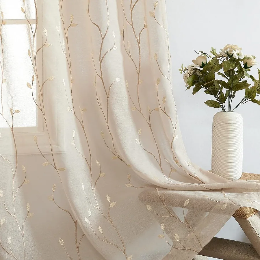 Sheer Curtains for Bedroom and Living Room: 84 Inch Length Leaf Embroidered SemiSheers with Botanical Embroidery on Transparent