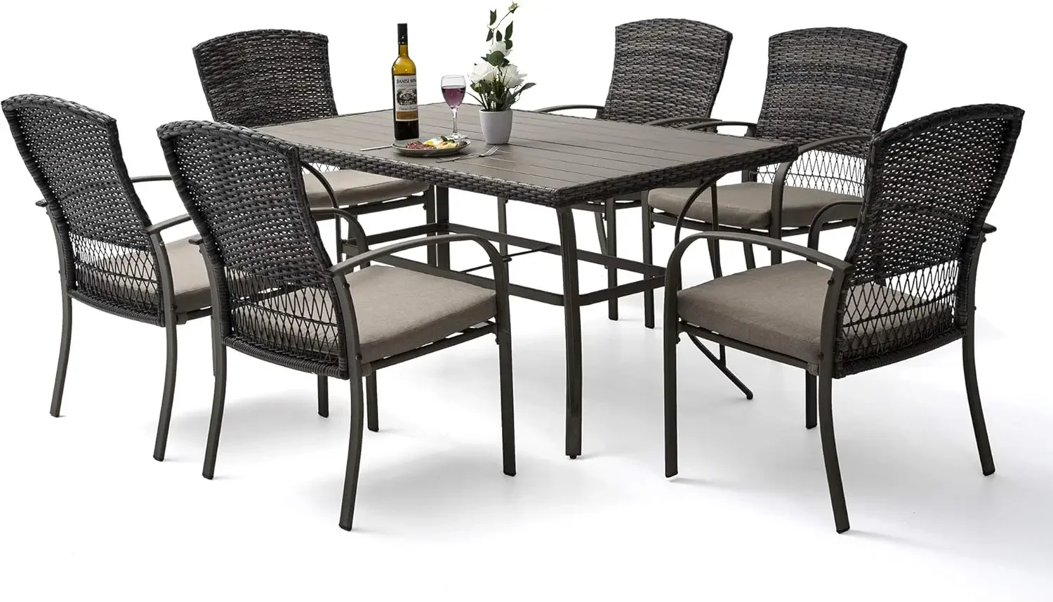 

Pamapic 8504 Patio Dining 7 Piece, Outdoor Wicker Furniture Set for Backyard Garden Deck Poolside/Iron Slats Table Top, Removabl