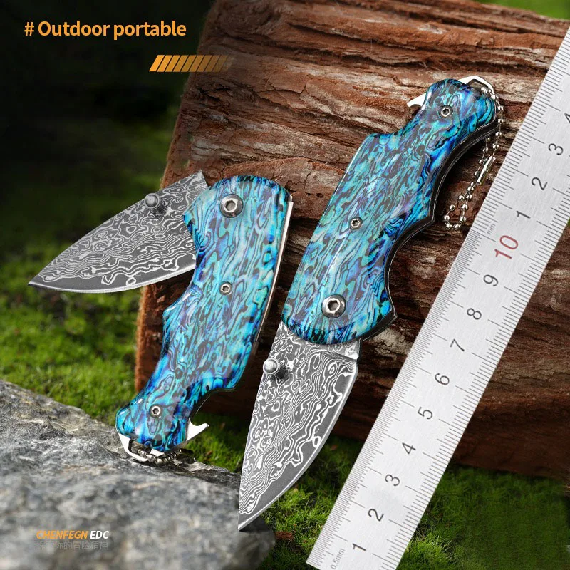 Damascus Steel Unlocked Small Folding Blade Knife Resin Handle Outdoor Pocket Knives Multi Functional Hand Tools with Opener