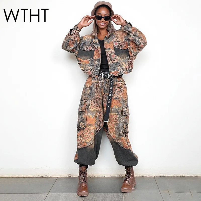 

WTHT модная новая женская лоскутная джинсовая куртка с нерегулярным принтом и эластичной резинкой на талии, свободные шаровары, женские осень 2021, 1LS2408