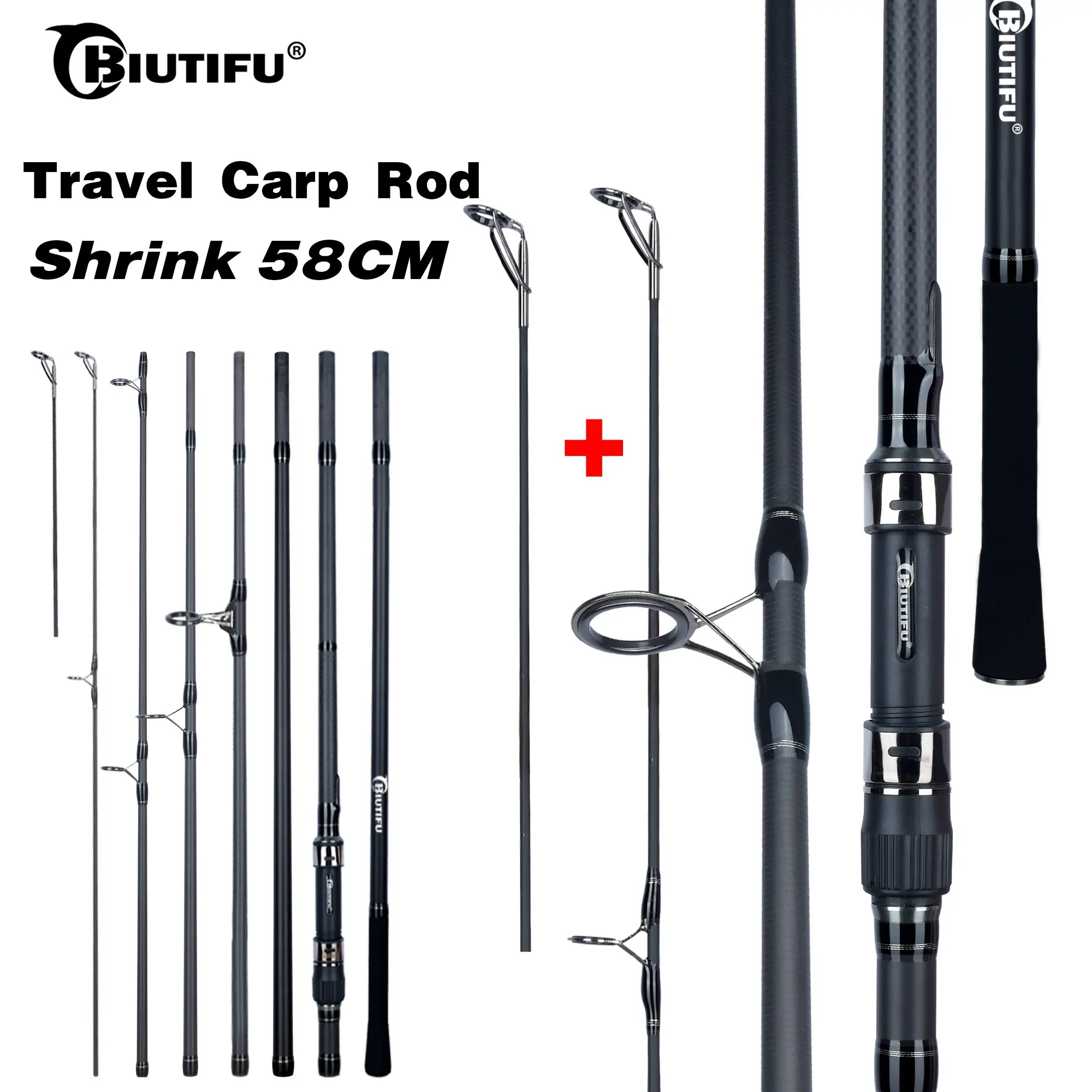 BIUTIFU 2-Tip Carp Fishing Rod 3.5lb 7-Section 4.2/3.6/3.0m 30t Carbon Fiber Travel Cast 60-150m Shoe Casting Spindle