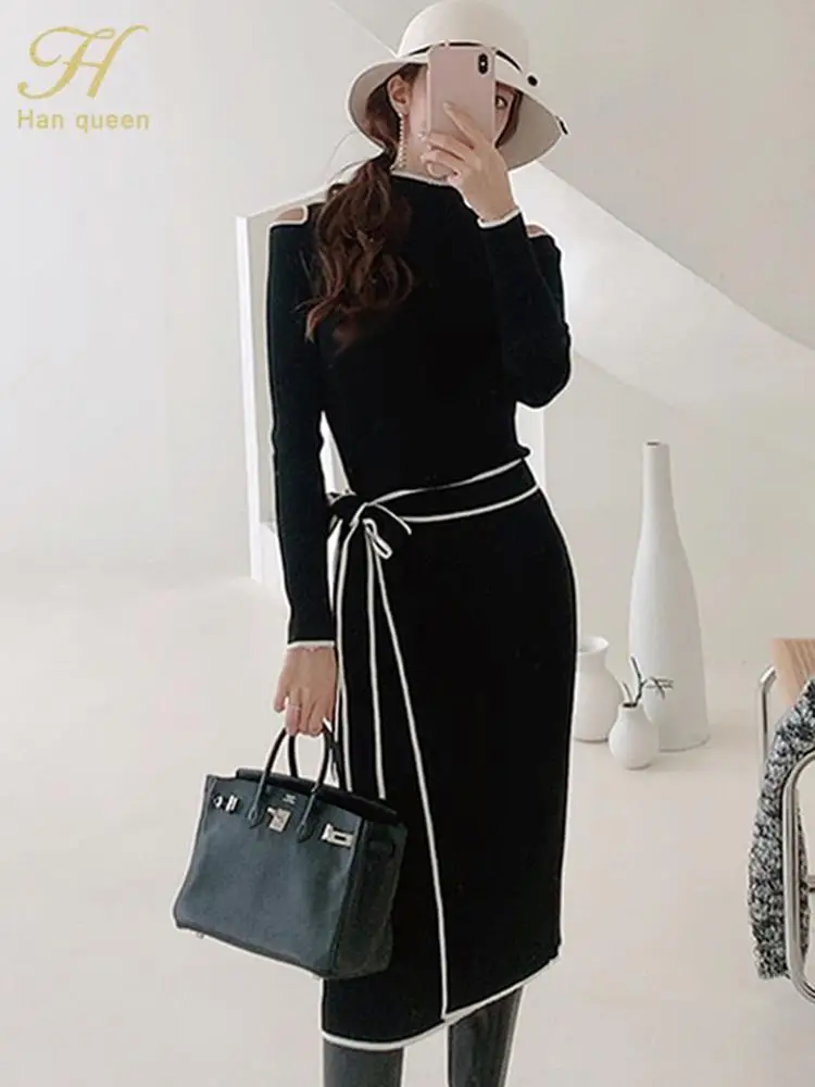 H Han Queen Autumn Elegant OL Lace up Strapless Elastic Knit Pullover Sweater Long Dress Black Sheath Pencil Knitted Dresses