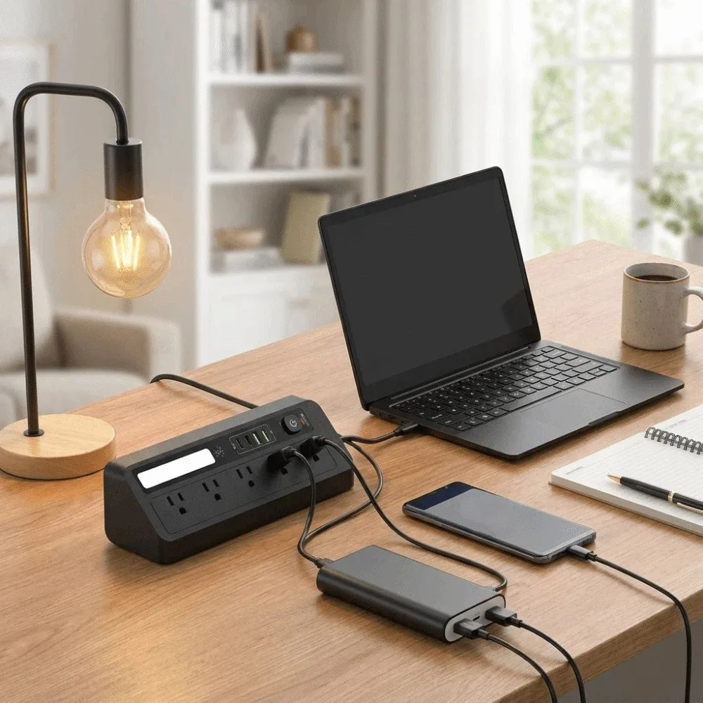 Touch Activated Desktop Charging Strip 2AC 2USB 3 Color USB Charging Station Compact Portable Flame-Retardant Shell