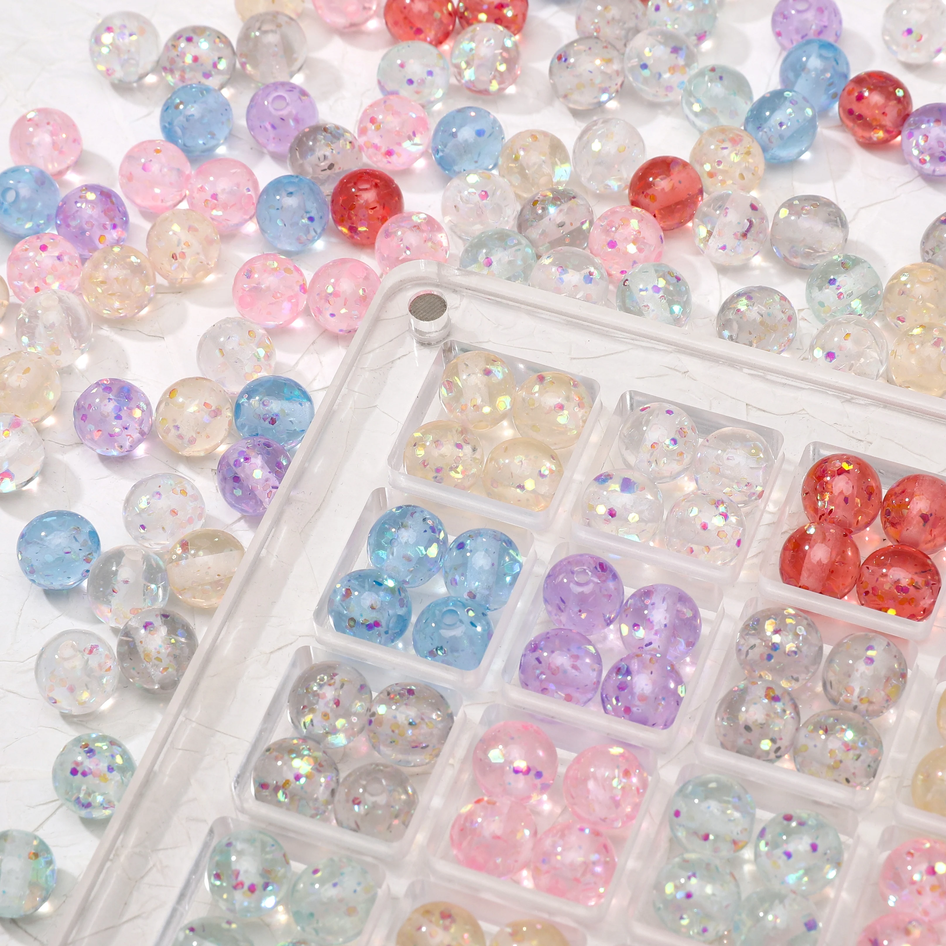 50/60 pièces de perles rondes en résine irisées de 8 mm, garnies de paillettes, pour la fabrication de bijoux faits main, bracelets, colliers, boucles d'oreilles DIY