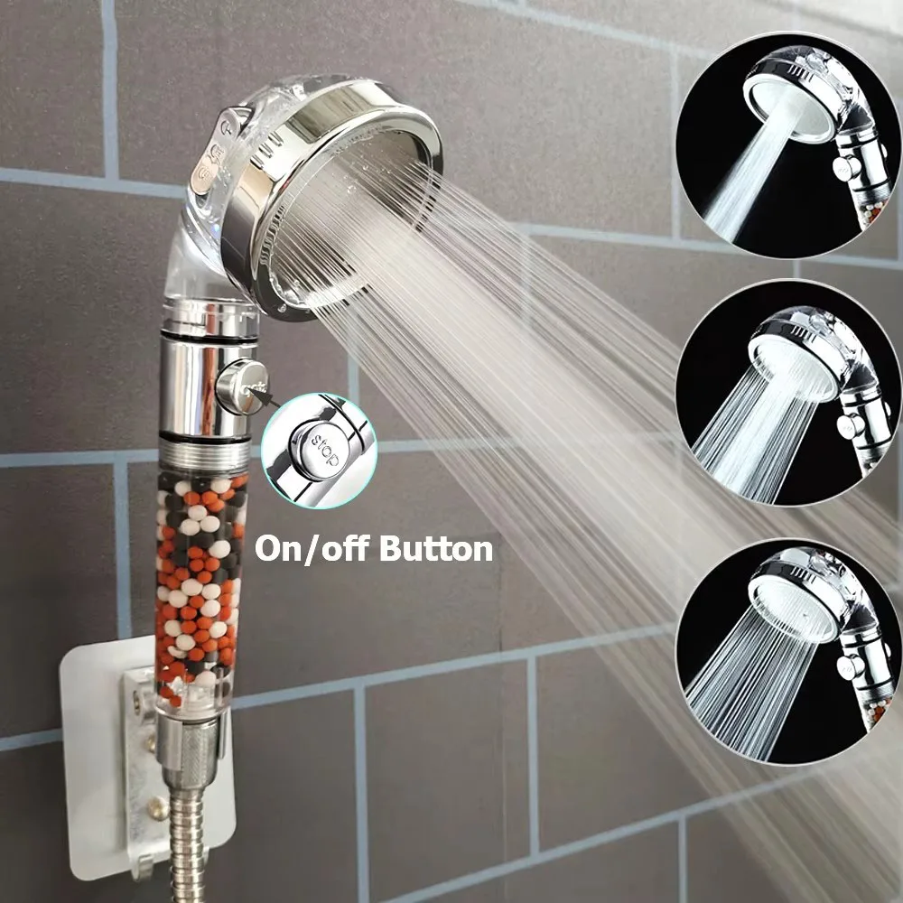 

Bathroom 3 Modes High Pressure Shower Head with On/Off Switch Stop Button Water Saving Ionic Mineral Anion Handheld Showerheads