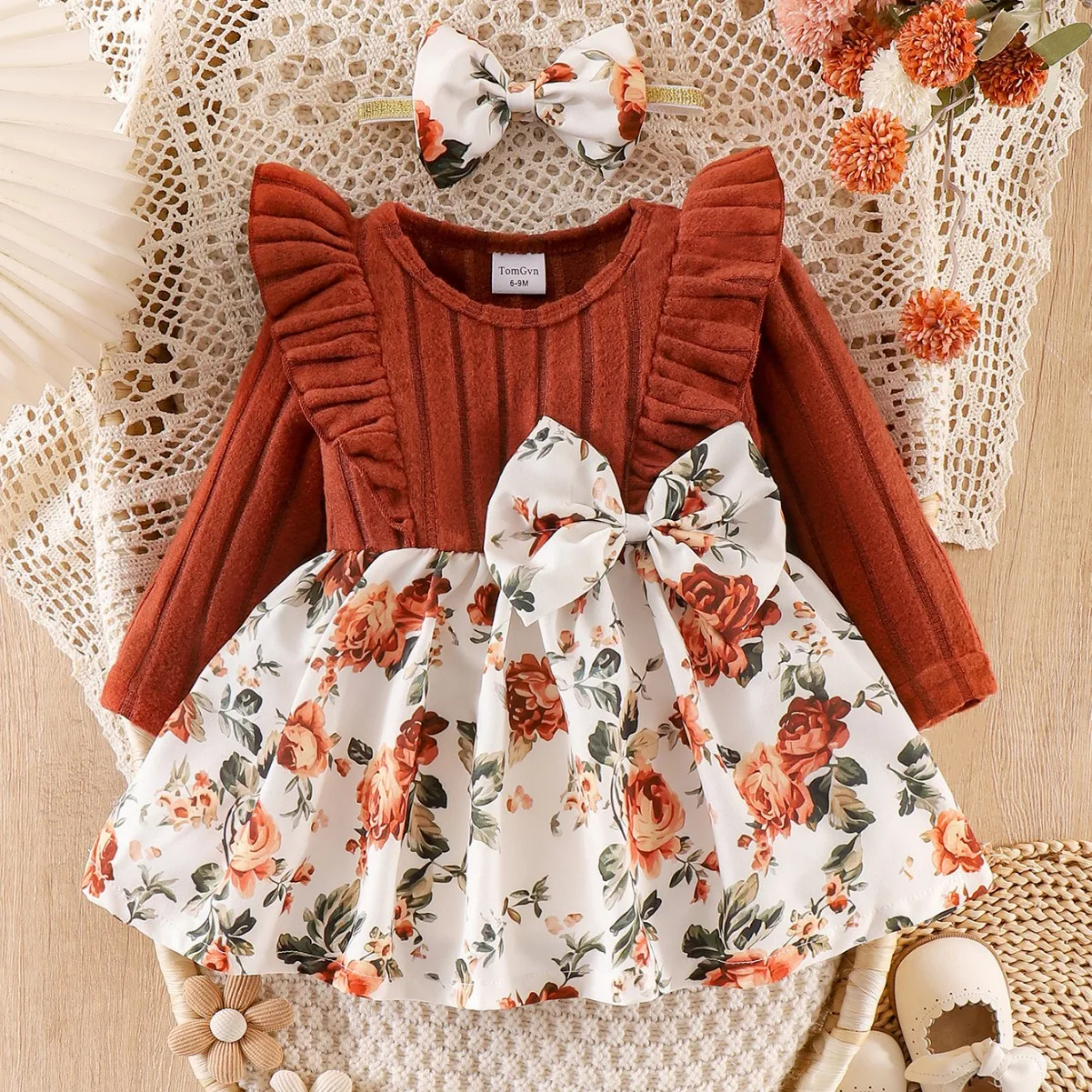 2026 Baby Fall Dress Ruffled Floral Princess Dress Girls Bow Knot with Headband Set American Autumn Style