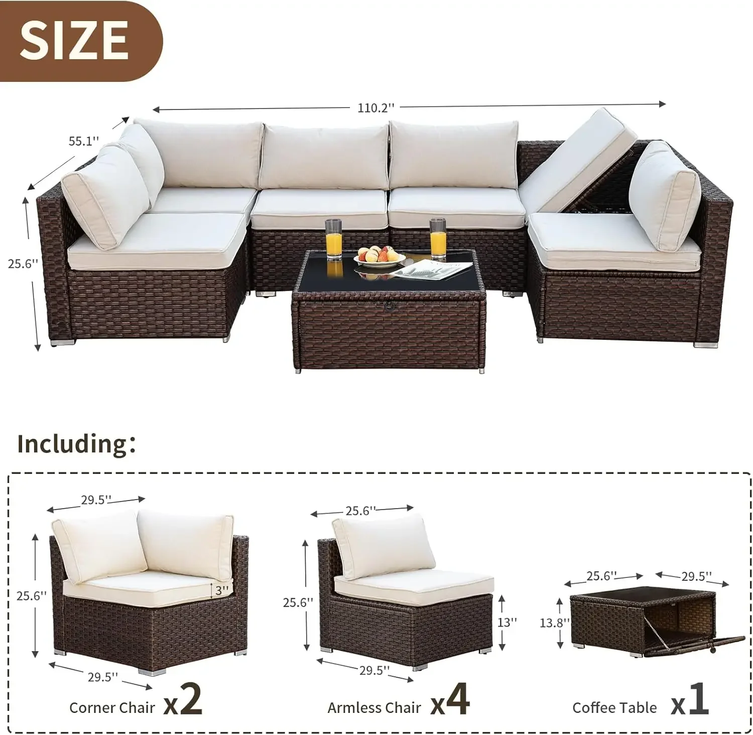 Ensemble de meubles, canapé sectionnel modulaire pour l'extérieur, table basse de rangement et canapé d'angle réglable pour le balcon