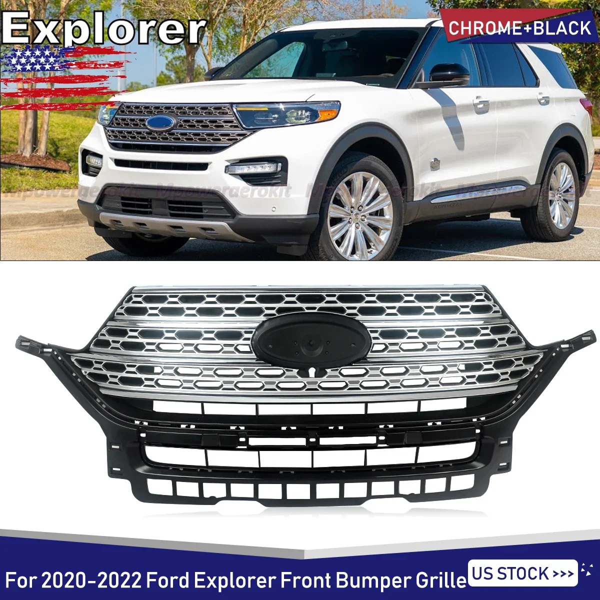 For 2020 2021 2022 Ford Explorer Chrome Front Bumper Grill Upper Grille Radiator