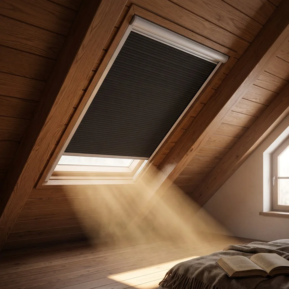 Motorized Cellular Shades Full Blackout Fabric for Skylight, Solar Rechargeable Honeycomb Blind with Tuya Smart App Control
