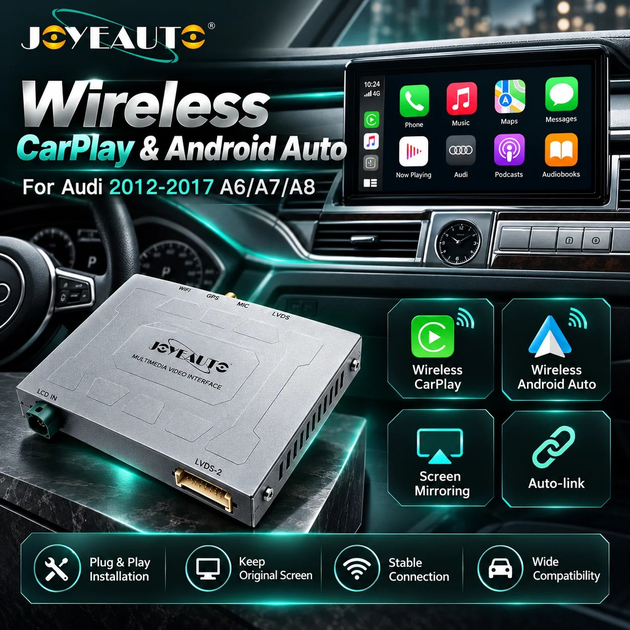 JoyeAuto Wireless Apple CarPlay Android Auto Retrofit Kit For Audi A6 C7 A7 A8 2012-2017MIB2 MMI RMC AirPlay Mirror Link Decoder