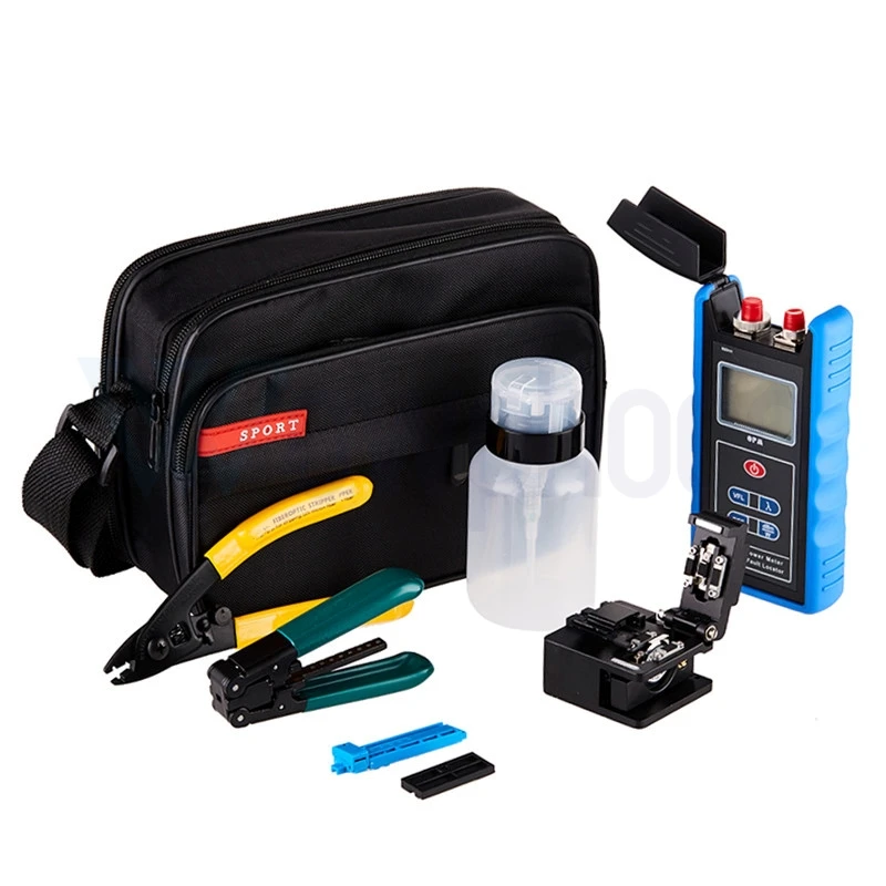 FTTH Fiber Tool Kit with Stripper, Fiber Cleaver, OPM, Wire Pilers, Fiber Length Setter, Fixed Fixture, Customize, 9Pcs