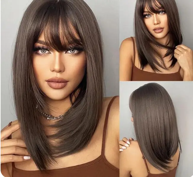 Dark Brown BoBo Synthetic Wig with Bangs Shoulder Length Straight Wig for Women Cosplay Daily Hair Wig Heat Resistant Fibr