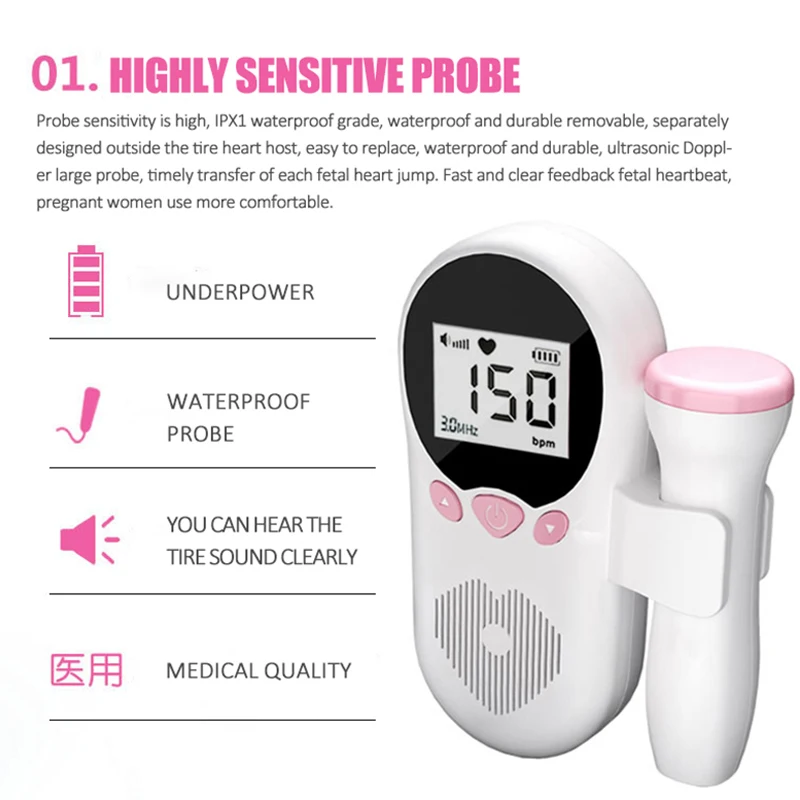 Ultrasound Doppler Fetal Baby Heart Rate Detector Portable Heartbeat Monitor Pregnant Women No Radiation Built-in speakers