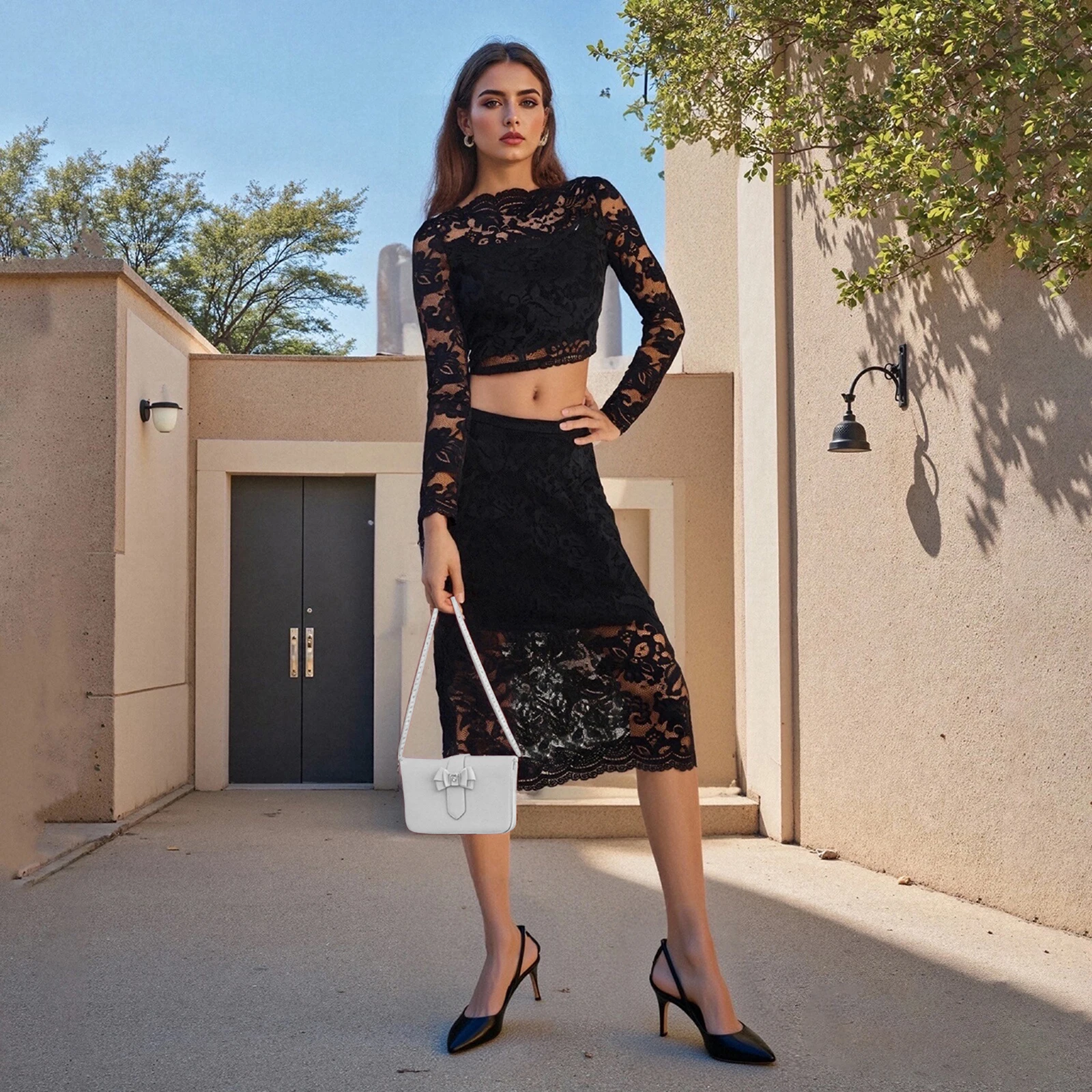 Dames zomer kanten outfits pure crop lange mouwen tops en elastische midi-rok set voor streetwear esthetische kleding