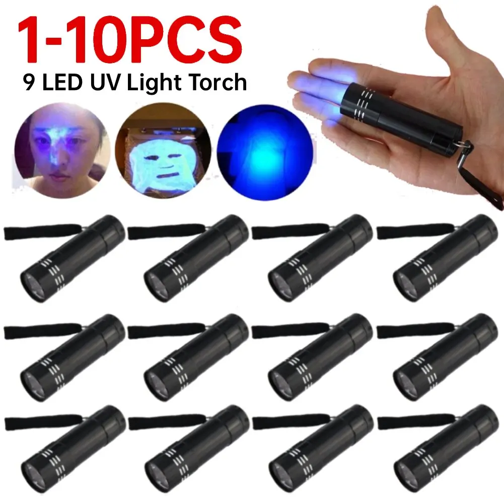 

1-10PCS 9 LED UV Light Torch 50LM 395nm Handheld Ultraviolet Detector Waterproof Portable for Fluorescent Agent/ Currency Test