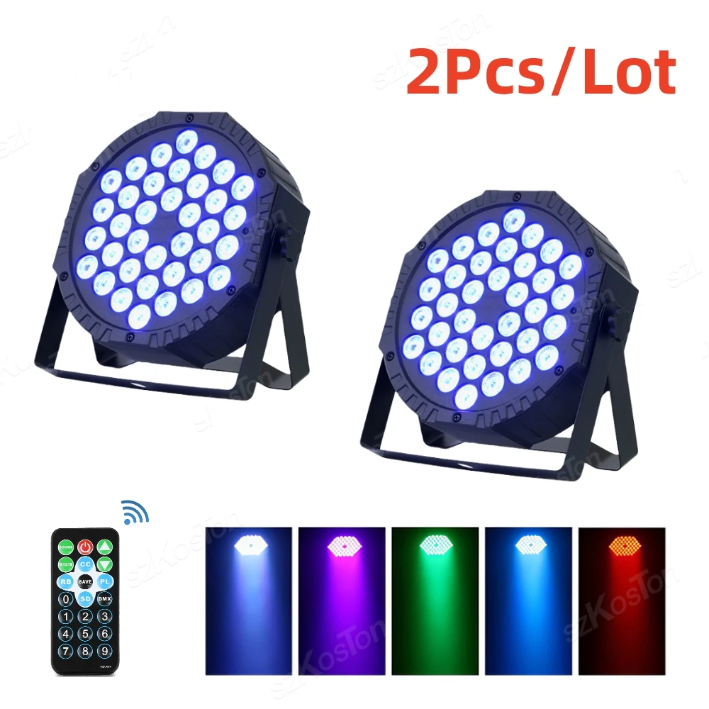 RGBW 36 LED Flat Par Luz, DMX 512, DJ Disco, Família, Festa de Aniversário, Teatro, Casamento, Controle Remoto, Luzes do Palco, Luzes Show, 2pcs por lote