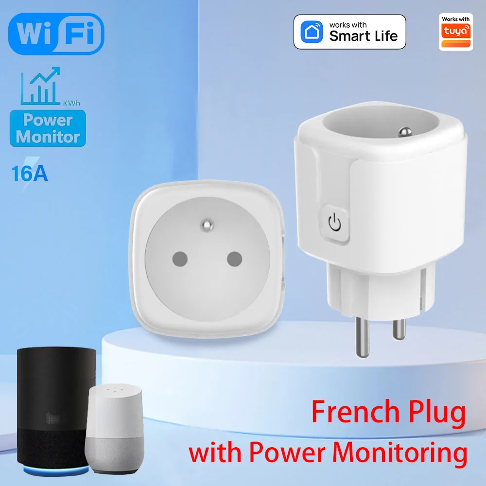 Tuya Smart Plug (French Specification), Wi-Fi Connectivity, With Energy Consumption Monitoring, Compatible With Alexa
