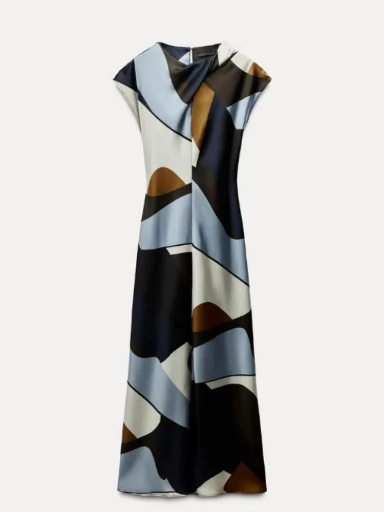 2025 verão impressão geométrica vestido de cetim feminino elegante com decote em v midi vestido de luxo seda toque vestido formal escritório festa robe