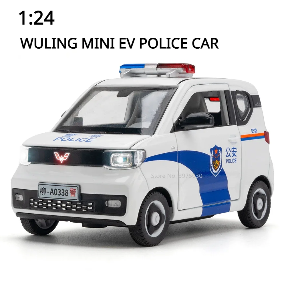 1:24 Alloy Die Cast Model Car Toy WULING MINI EV Police Vehicles 4 Doors Can Be Opened Pull Back with Car Kid Toy Birthday Gifts