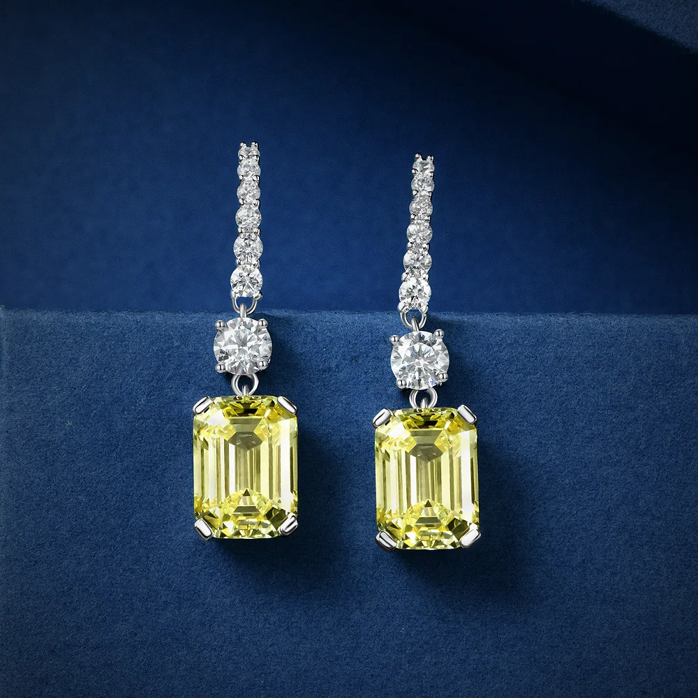 New S925 Silver 8 * 11 High Carbon Diamond Earrings, Rectangular Pagoda Cutting, 4-carat Earhook, Women's Wedding Jewelry