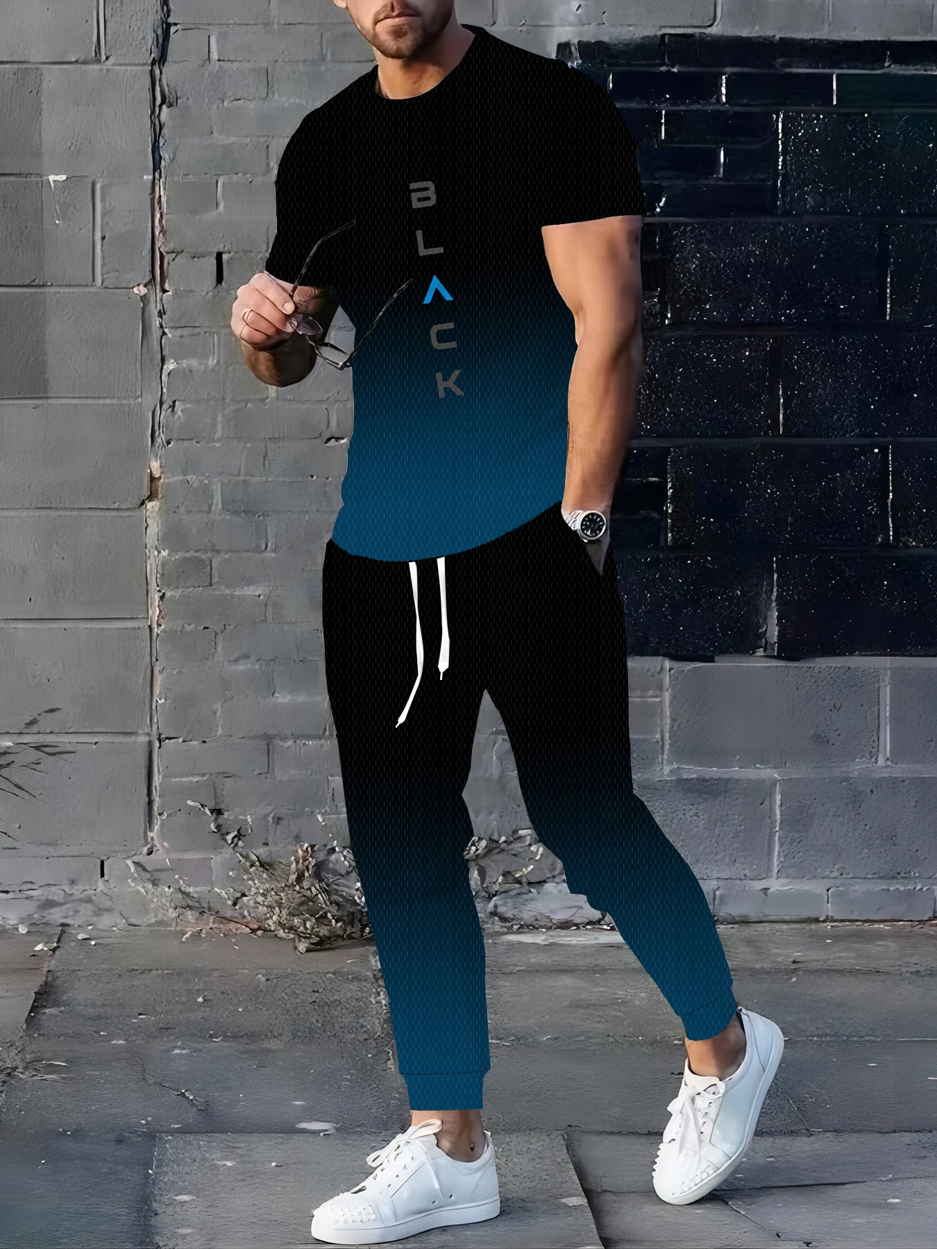 

Summer New street hip-hop casual Fashion gradient letter Print Soft comfortable breathable and lightweight men's set