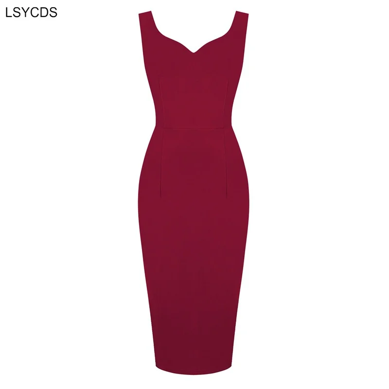 LSYCDS Women Sweetheart Neck Sleeveless Office Midi Pencil Dresses 2024 New Vintage Red Solid Elegant Slim Bodycon Party Dress