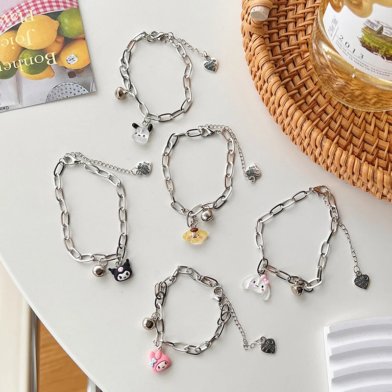 Female Sanrio Adjustable Bell Bracelet Cinnamoroll Kuromi Pompompurin My Melody Pochacco Cartoon Bracelet Anime Birthday Gift