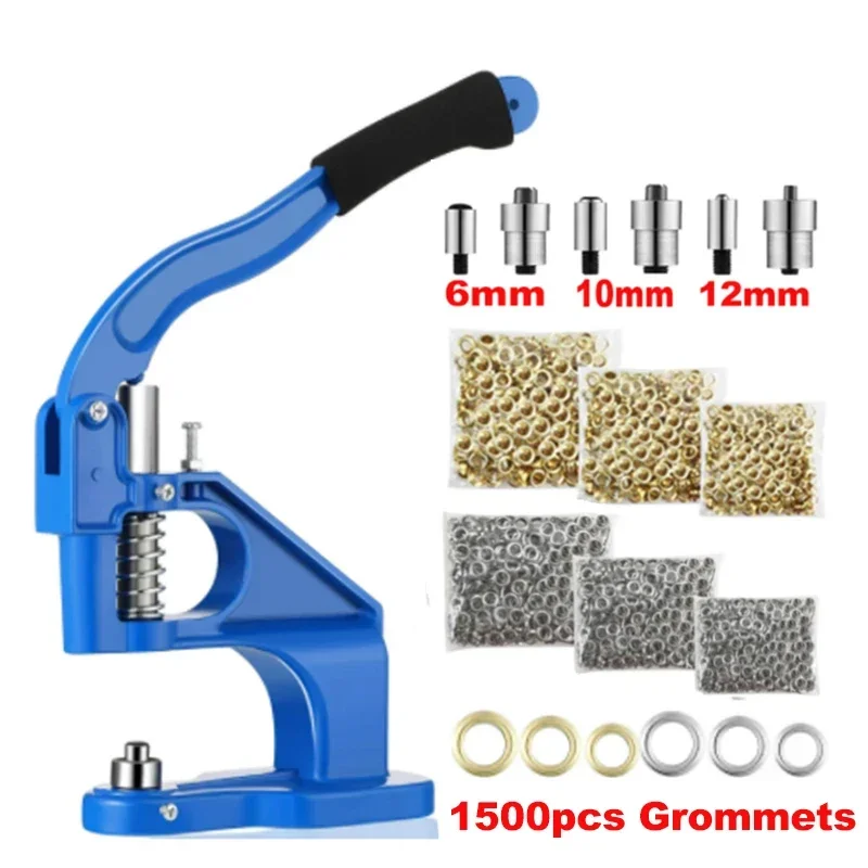 Grommet Eyelet Machine Hand Press Arts Crafts Sewing with 3 Dies+1500pcs Grommets 6/10/12mm DIY Manual Snap Eyelet Press Tools