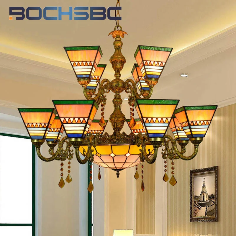 BOCHSBC Tiffany style stained glass retro bead Pyramid double 12 head crystal chandelier Hotel living room Restaurant bar decor