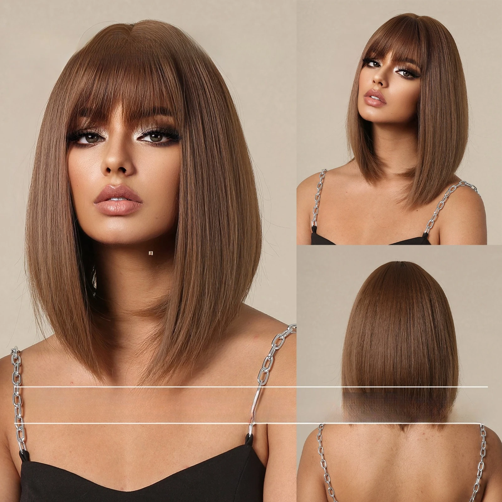 

Summer wig women's new clavicle short straight hair, brown bangs shoulder-length wig full head cover