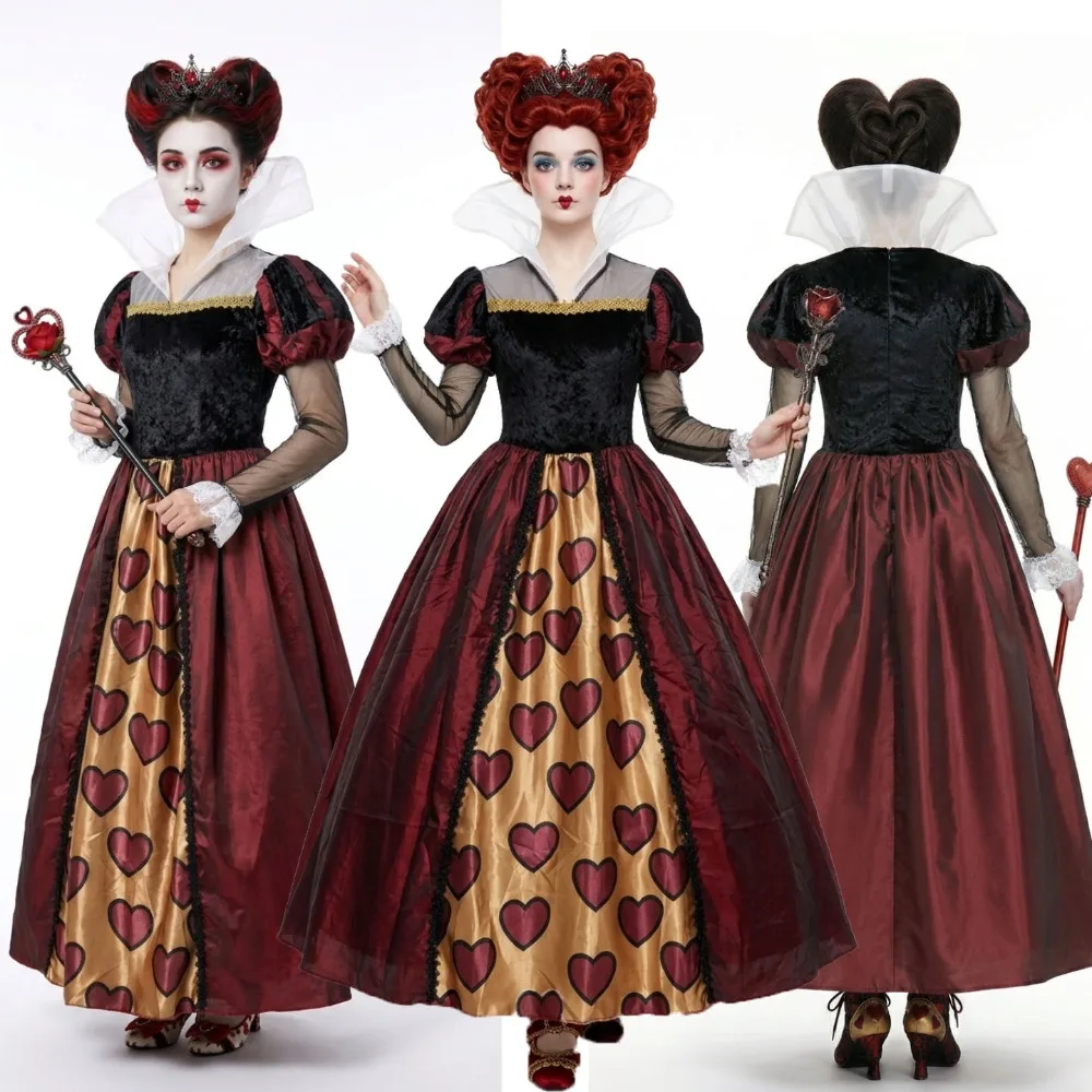 Hearts Cosplay-Kostüm, rotes Kleid der Königin mit zweifarbiger Krone, Perückenset für Erwachsene, Damen, Halloween, Comic Con, Bühnenauftritt, Outfit