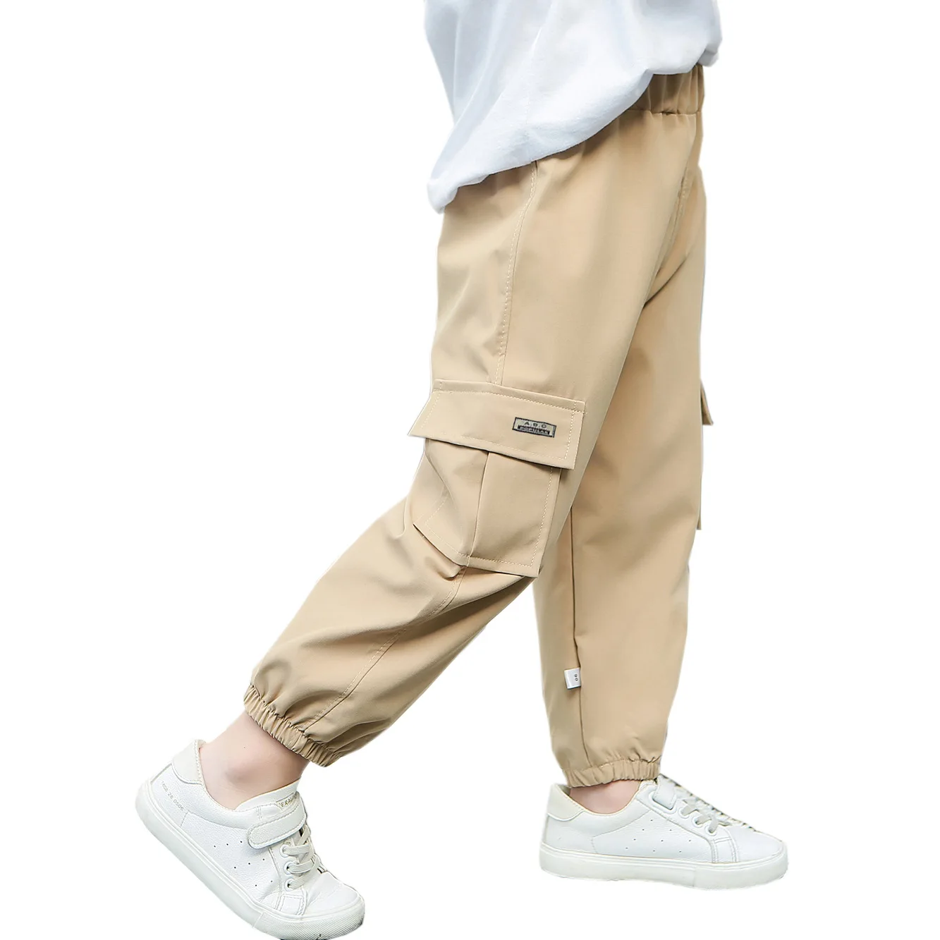 Spring Autumn Kids Cargo Pants Solid Color Children Casual Trousers with Multi Pockets Elastic Waist Boys Cargo Pant Streetwear