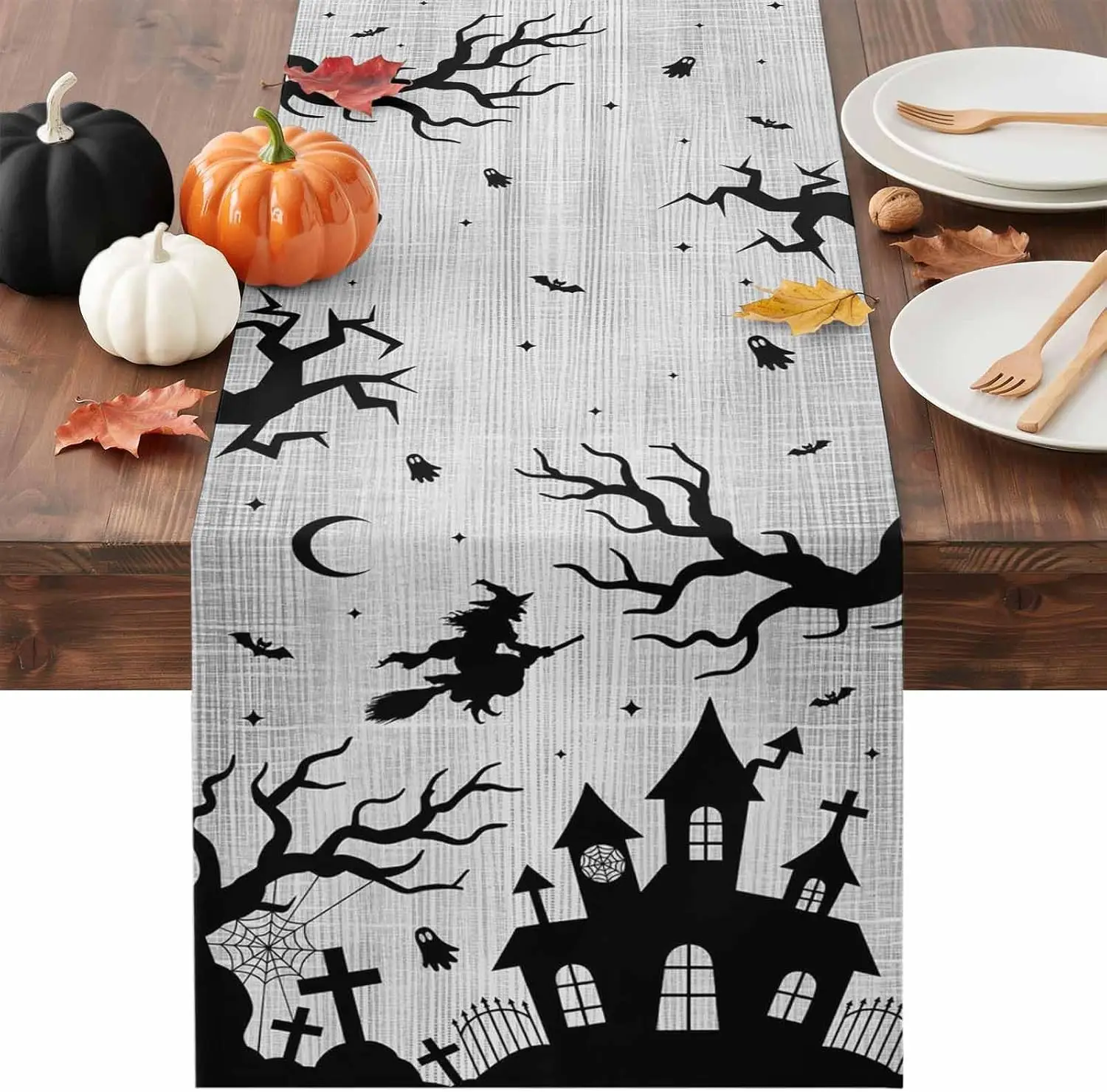 Halloween Linen Table Runner Home Decorations Goth Flying Witch Haunted Castle Tree Kitchen Dining Table Runners Halloween Decor