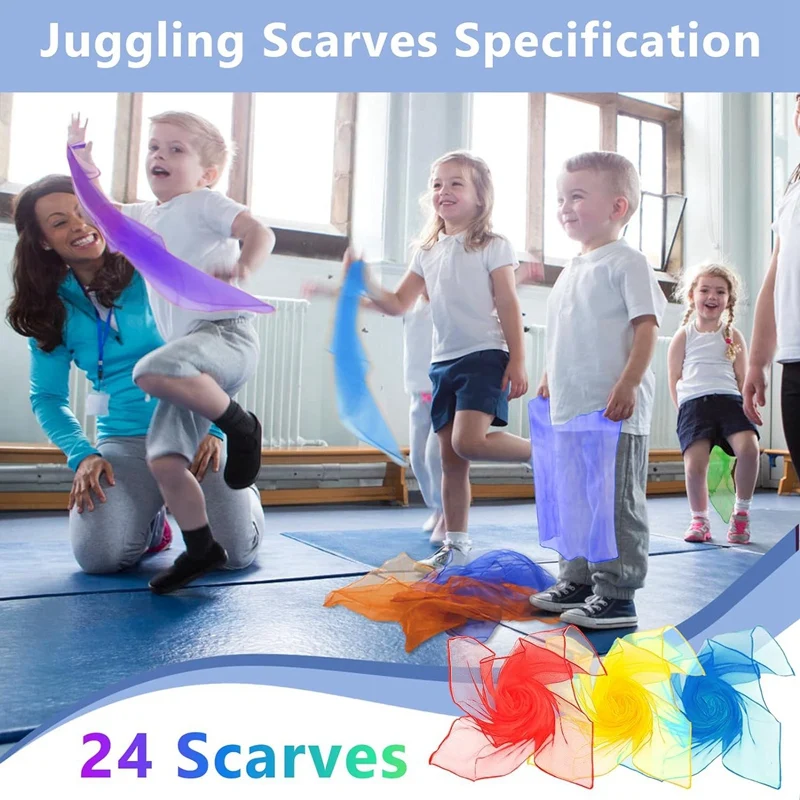 24 Pcs Juggling Scarves Set Kit For Kids Dance Scarves Kit For Music Class Rhythm Scarves Play Silks For Children Movement