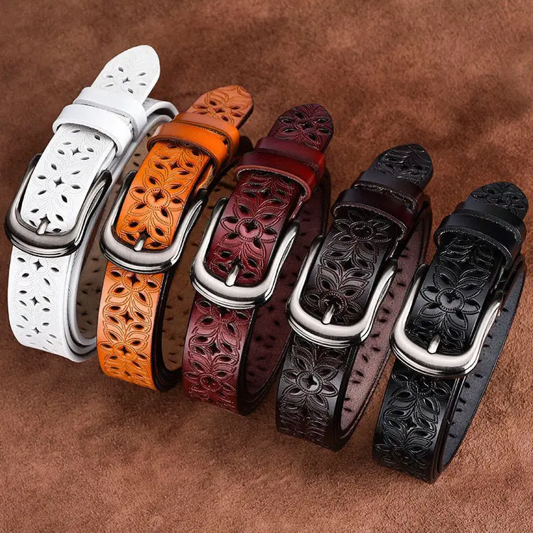 Hollow belt, women's needle buckle, cowhide belt, fashionable and versatile, student trend, Korean version, retro and casual